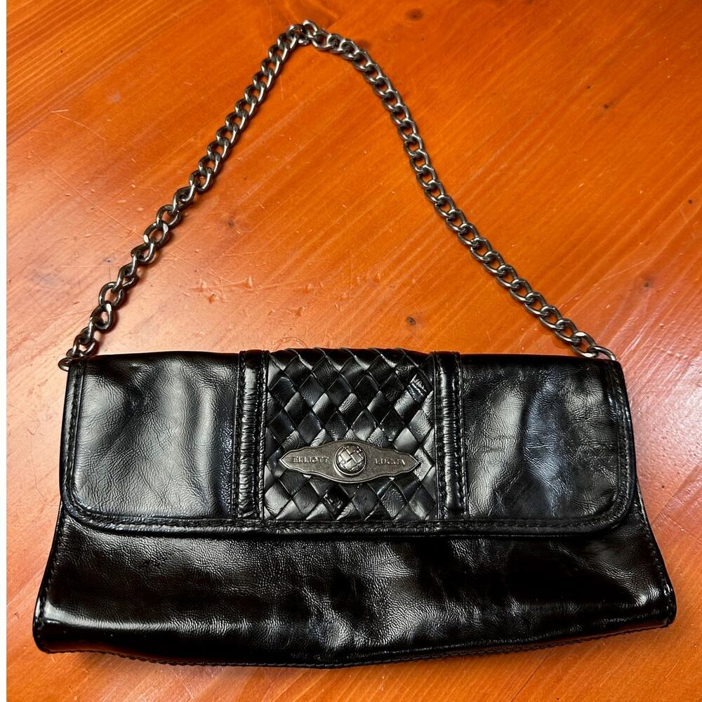 Elliott Lucca Black Patent Leather Clutch with Chain Strap